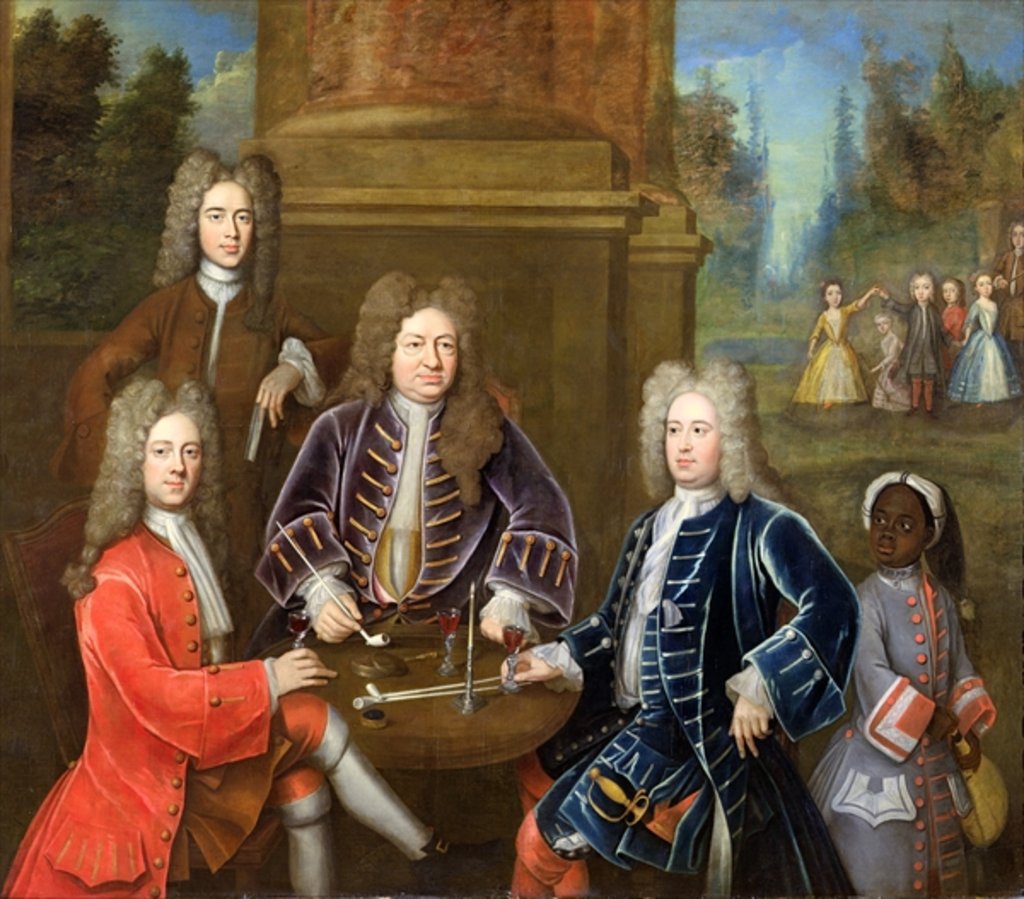 Detail of Elihu Yale the second Duke of Devonshire, Lord James Cavendish, Mr Tunstal and a Page, c.1708 by English School