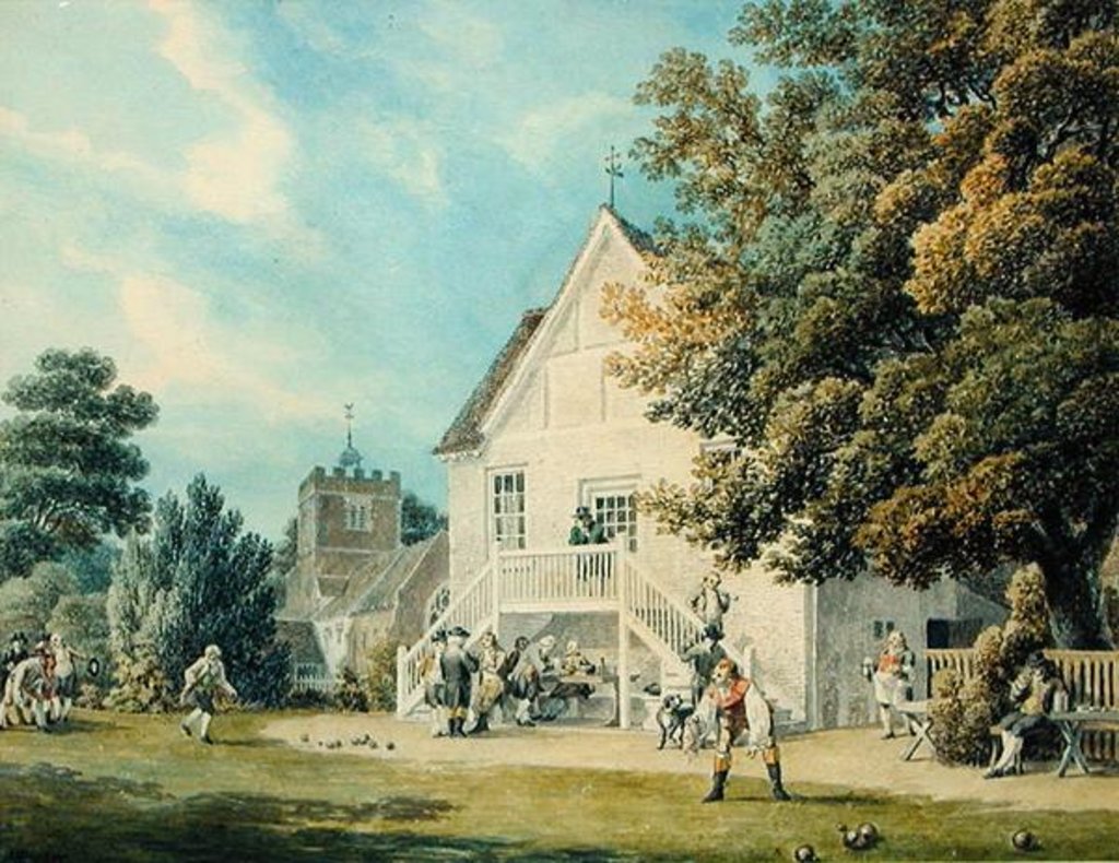 Detail of A Game of Bowls on the Bowling Green outside the Bunch of Grapes Inn, Hurst, Berkshire by Michael (1743-1801) Rooker