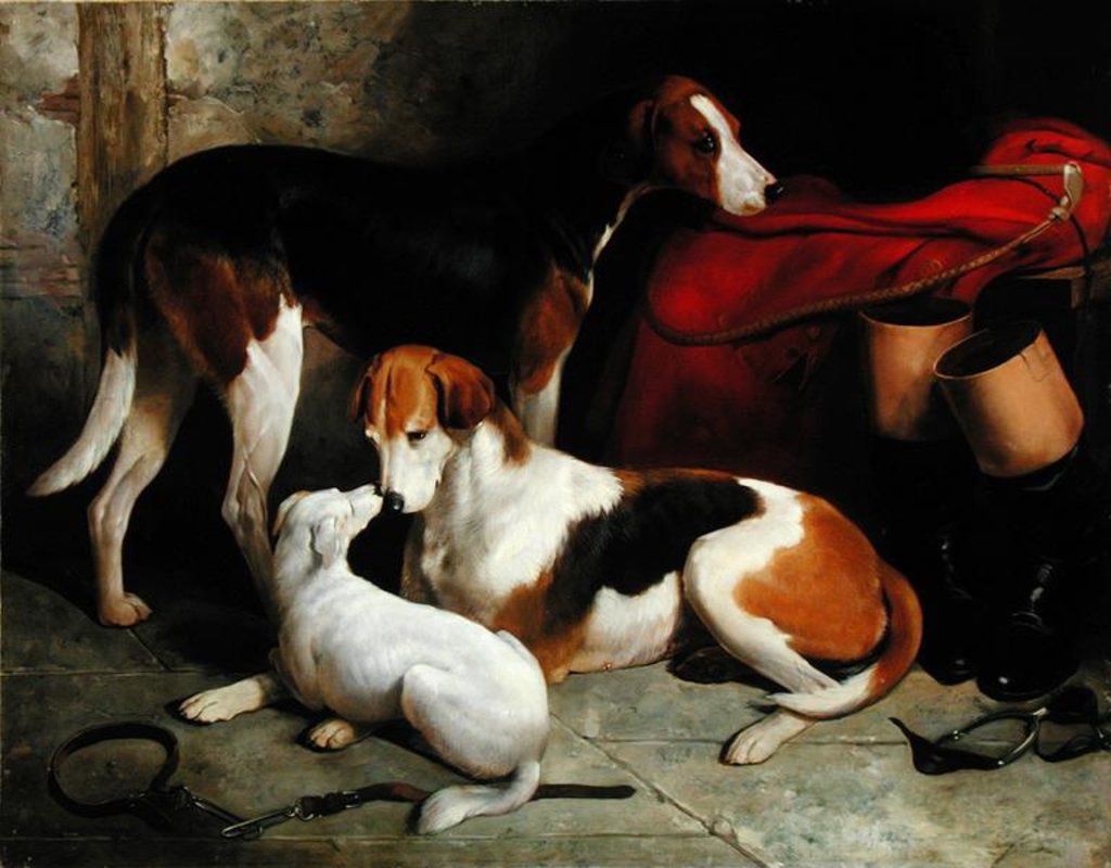 Detail of A Couple of Lord Henry Bentinck's Foxhounds with a Terrier, c.1845 by William Barraud