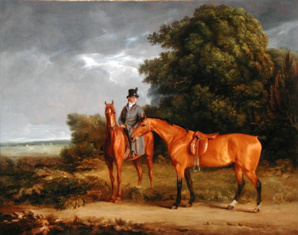 Detail of A Groom Mounted on a Chestnut Hunter, He Holds a Bay Hunter by the Reins by Jacques-Laurent Agasse