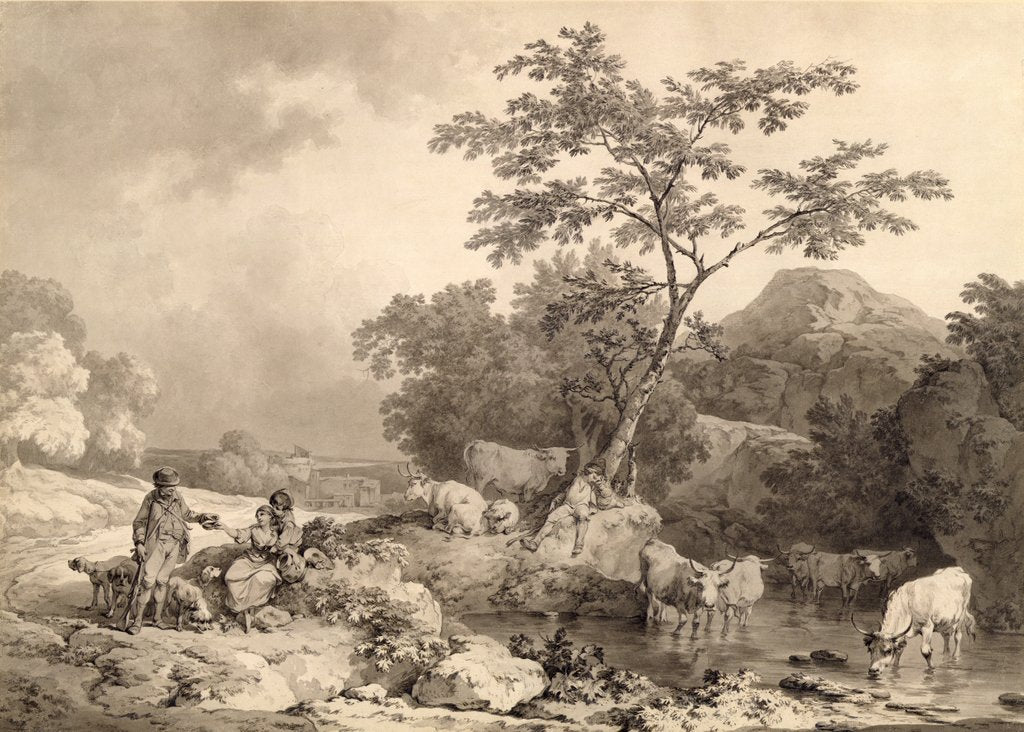 Detail of Figures by a stream with cattle watering by Philip James de Loutherbourg