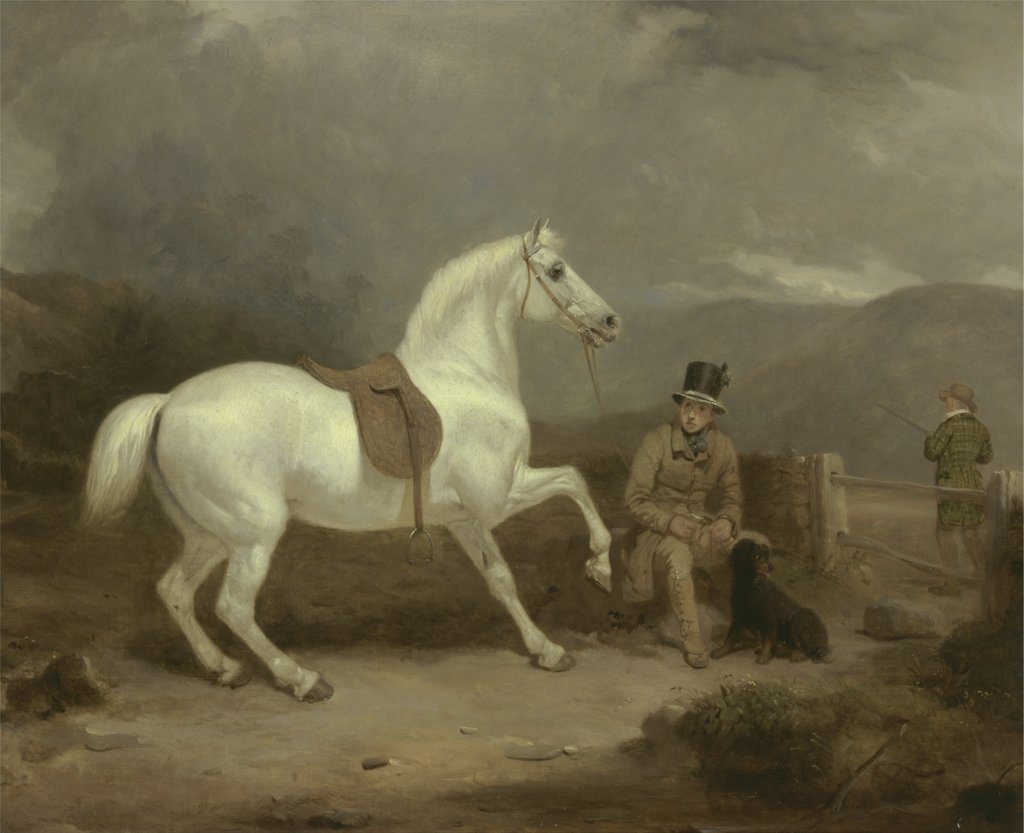 Detail of Mr. Johnstone King's Grey Shooting Pony Waiting with a Groom on a Scottish Moor, 1835 by Thomas Woodward