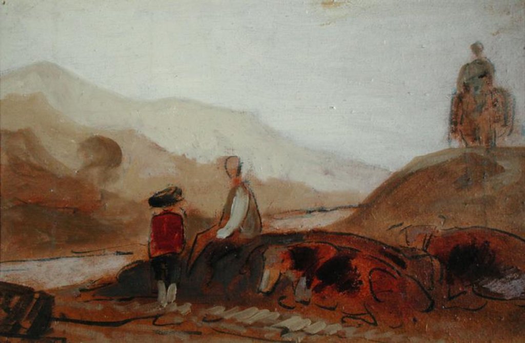 Detail of Mountainous Landscape with Figure by a Lake, previously attributed to J.M.W. Turner and also attributed to Peter de Wint, 1825-30 by English School