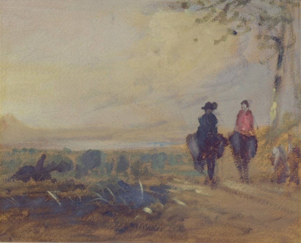 Detail of Landscape with Lake and two Figures Riding, previously attributed to J.M.W. Turner and also attributed to Peter de Wint, 1815-25 by English School