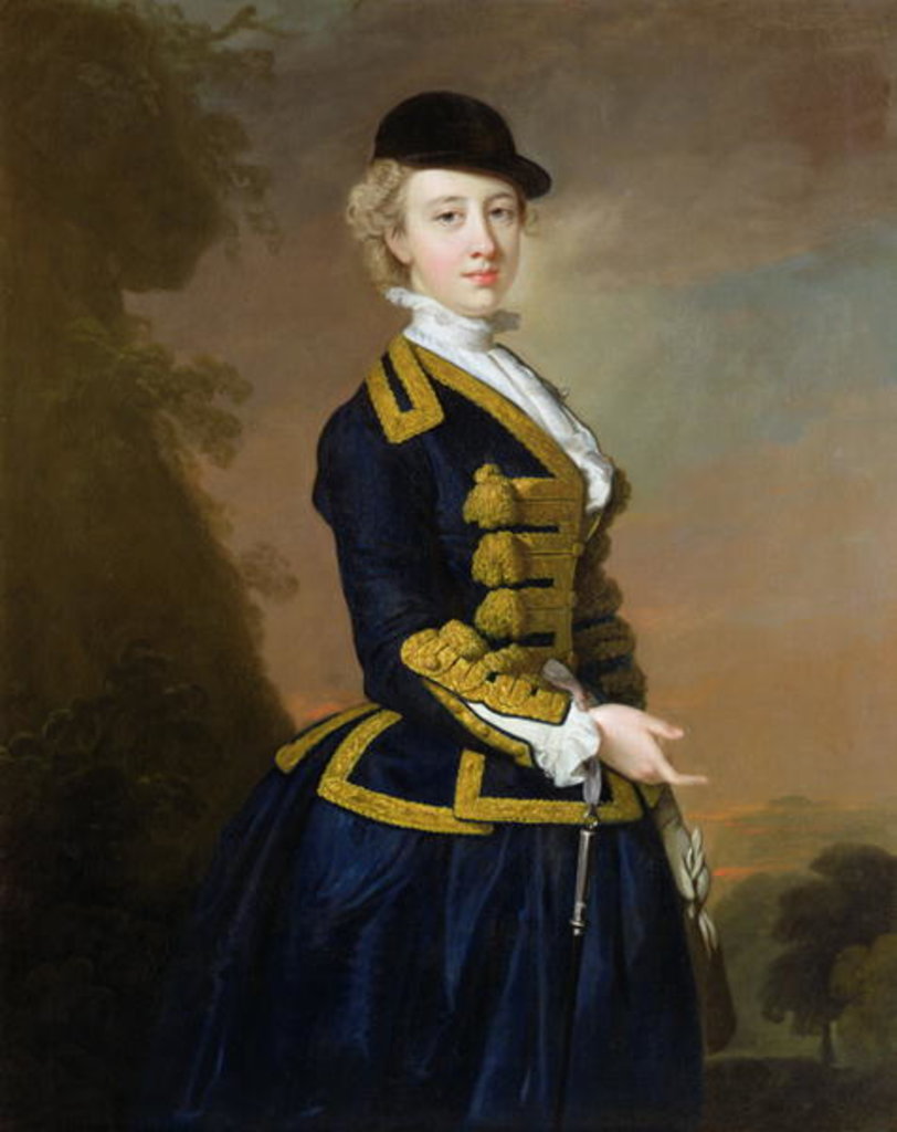 Detail of Portrait of Nancy Fortesque wearing a dark blue riding habit by Thomas Hudson
