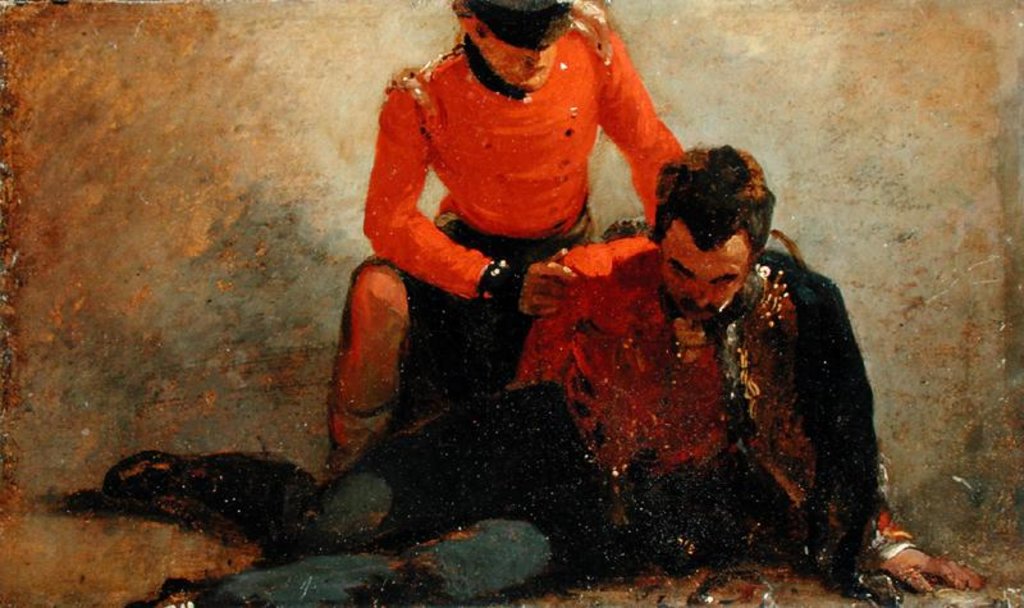 Detail of A Highlander, Black Watch attending a General of Hussars, possibly Lord Uxbridge: a study for 'The Battle of Waterloo' by George Jones