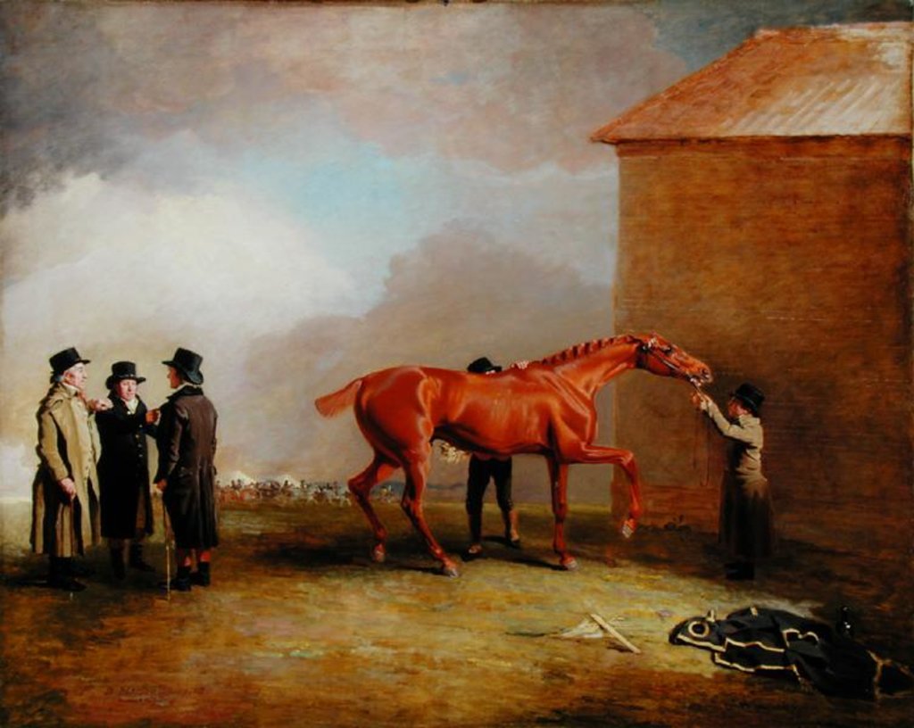 Detail of Muly Moloch, a chestnut colt being rubbed down on Newmarket Heath, with portraits of Trotter, Hardy and Thompson on the left by Benjamin Marshall