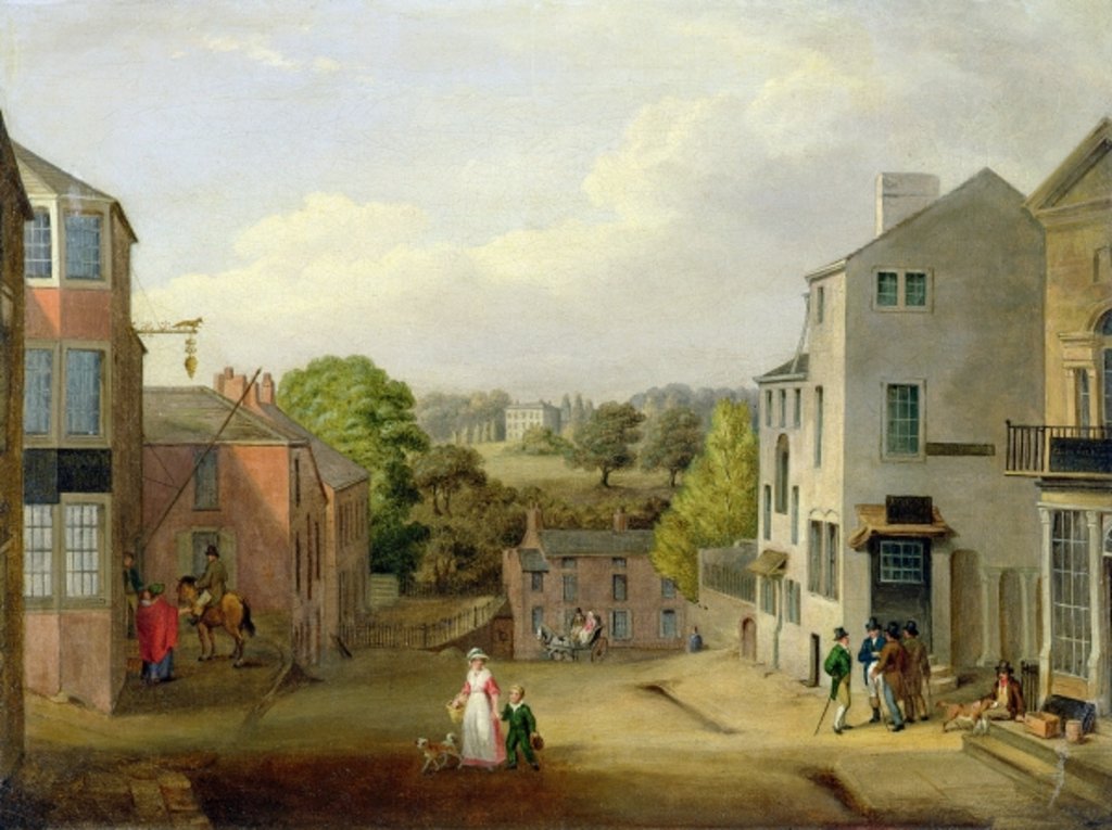 Detail of Street Scene in Chorley, Lancashire, with a View of Chorley Hall, c.1790-1817 by John Bird