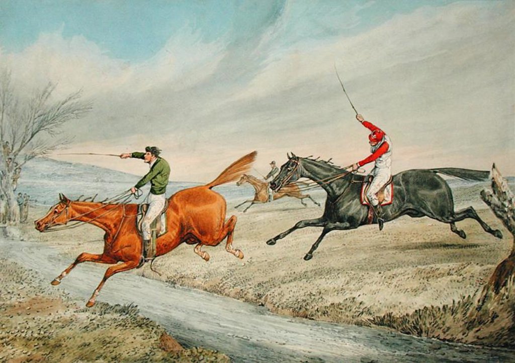 Detail of Steeplechasing: Three Riders Taking a Brook by Henry Thomas Alken