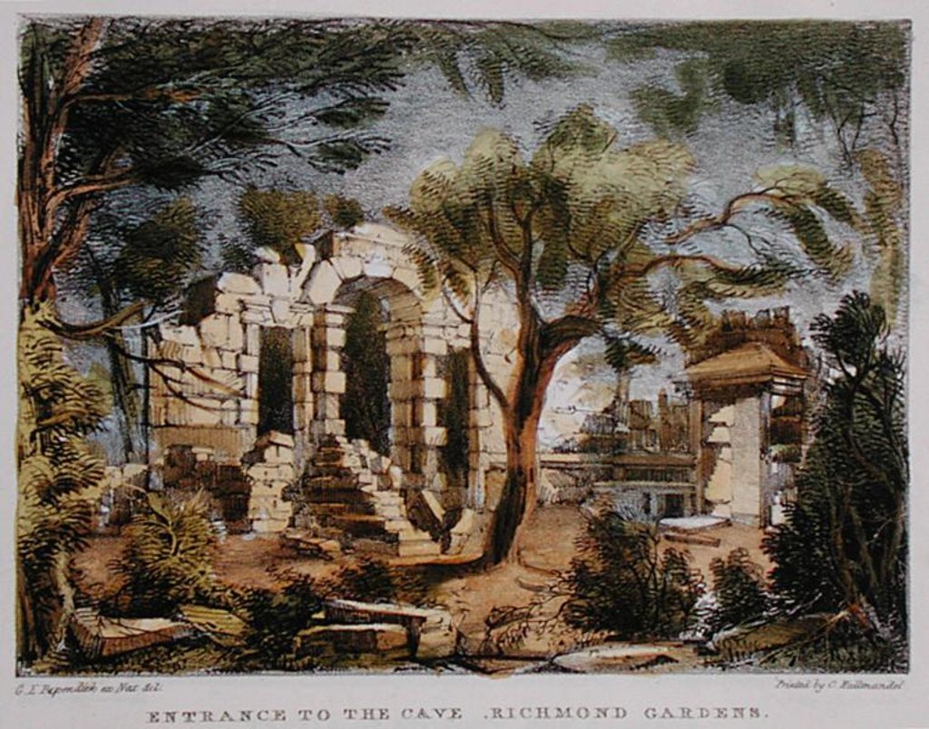 Detail of Entrance to the Cave, Richmond Gardens, plate 18 from 'Kew Gardens: A Series of Twenty-Four Drawings on Stone' by George Ernest (after) Papendiek