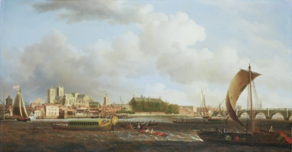 Detail of Westminster from Lambeth, with the ceremonial barge of the Ironmongers' Company, c.1745 by Samuel Scott