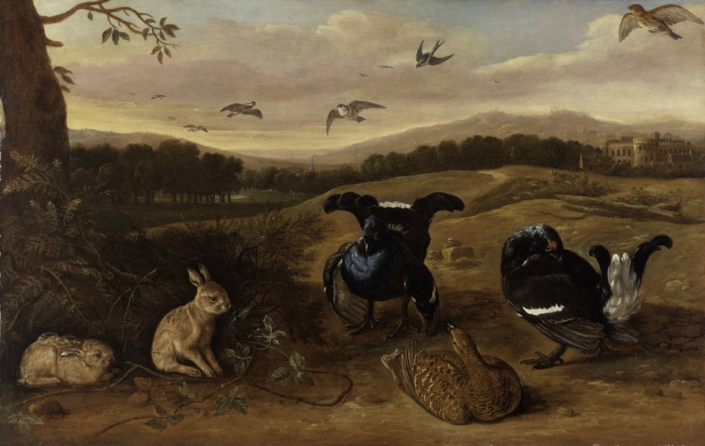 Detail of Black game, rabbits and swallows in a park, c.1700 by Leonard Knyff