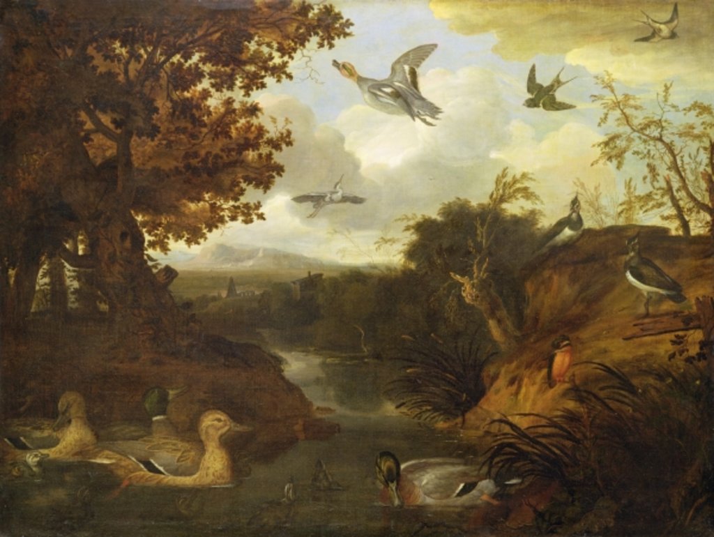 Detail of Ducks and other birds about a stream in an Italianate landscape, 1671 by Francis Barlow