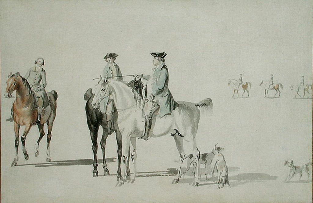 Detail of The Duke of Cumberland with a Gentleman and a Groom, all Mounted, and Dogs by Paul and/or Sandby Thomas Sandby