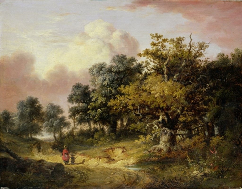 Detail of Wooded Landscape with Woman and Child Walking Down a Road by Robert Ladbrooke