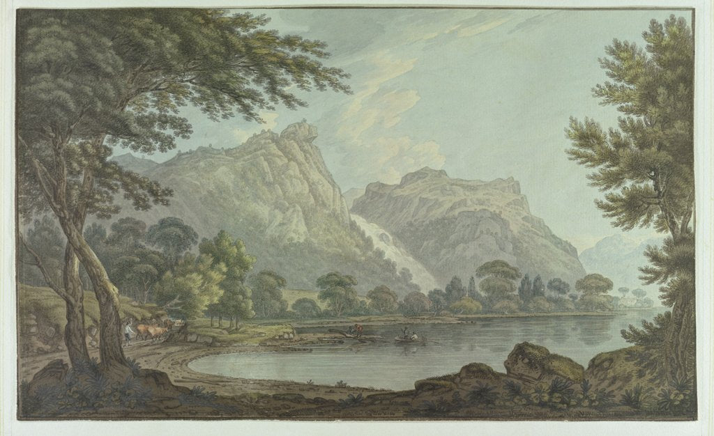 Detail of Lodore Rocks - fall & cottage distance by Joseph Farington
