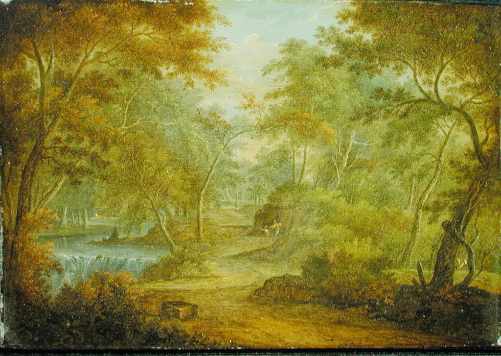 Detail of A Wooded Landscape with a Stream and a Fisherman by Thomas Smith of Derby