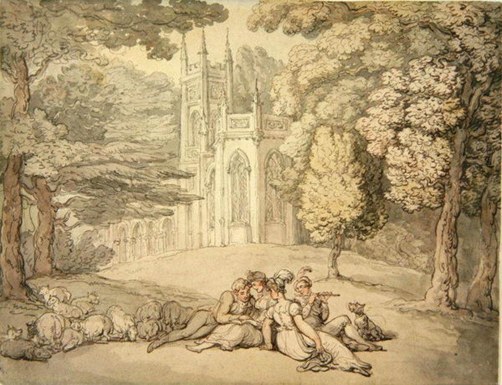 Detail of A college green with a group of damsels and young gentlemen in the foreground, c.1810-15 by Thomas Rowlandson