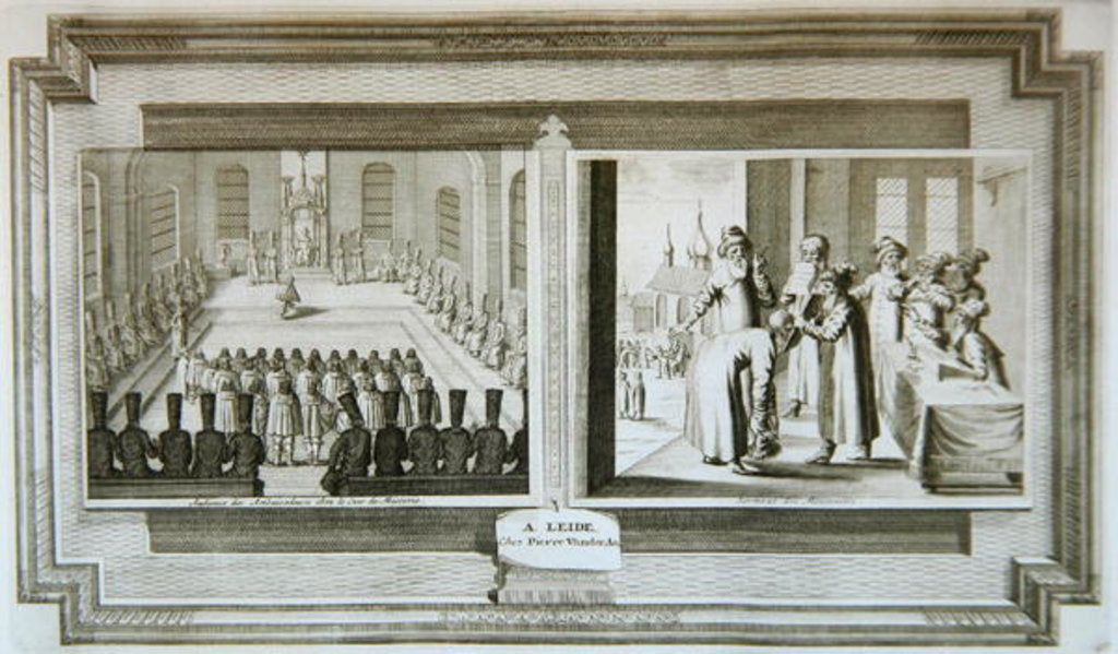 Detail of Scenes depicting an ambassadorial audience with the Czar of Russia and Muscovites declaring an oath by Pieter Van der Aa