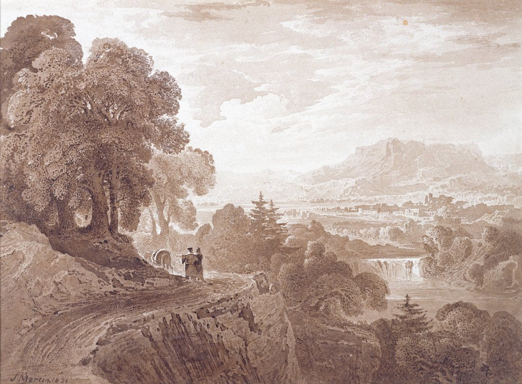 Detail of Travellers on a road above a river, 1821 by John Martin