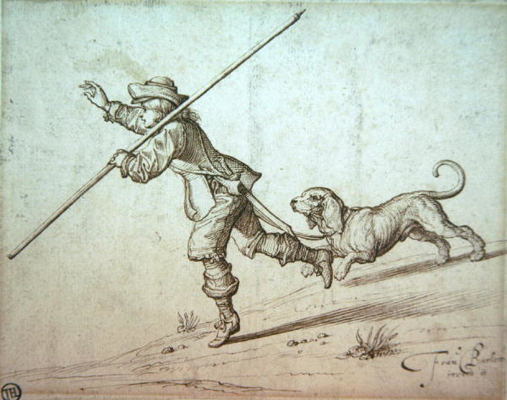 Detail of Man hunting with a pointed staff and a hound by Francis Barlow