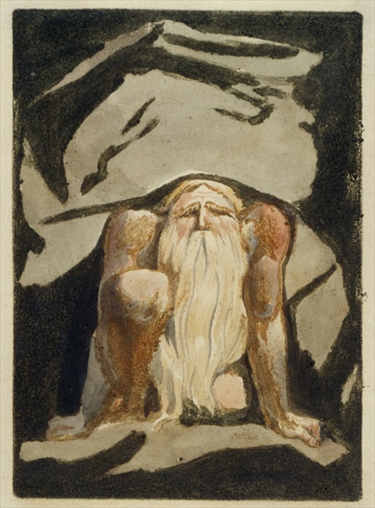 Detail of A naked man with a long beard kneeling with one knee raised and both hands on the ground by William Blake