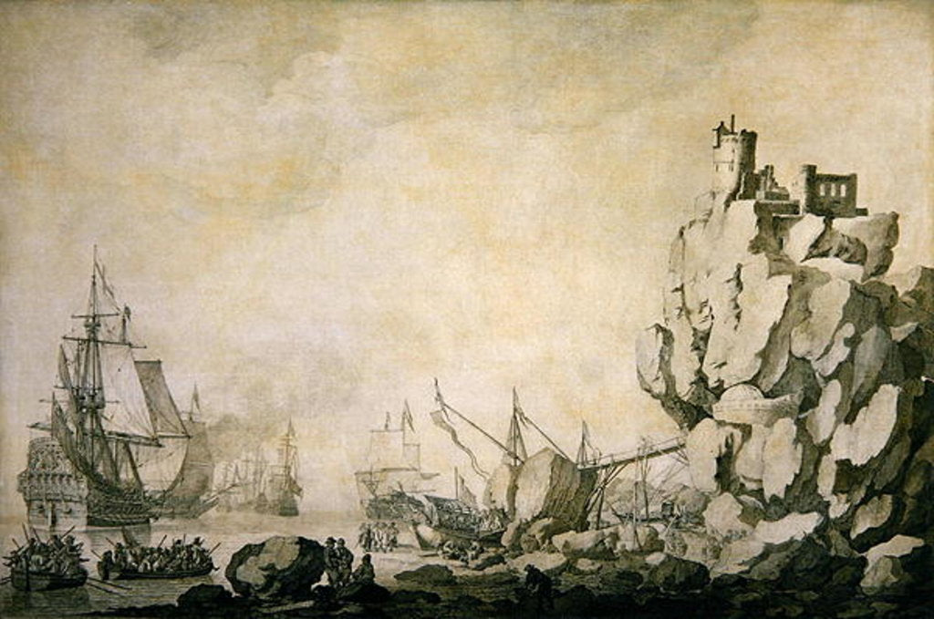 Detail of Ships and militia by a rocky shore, c.1680 by Willem van de the Elder Velde