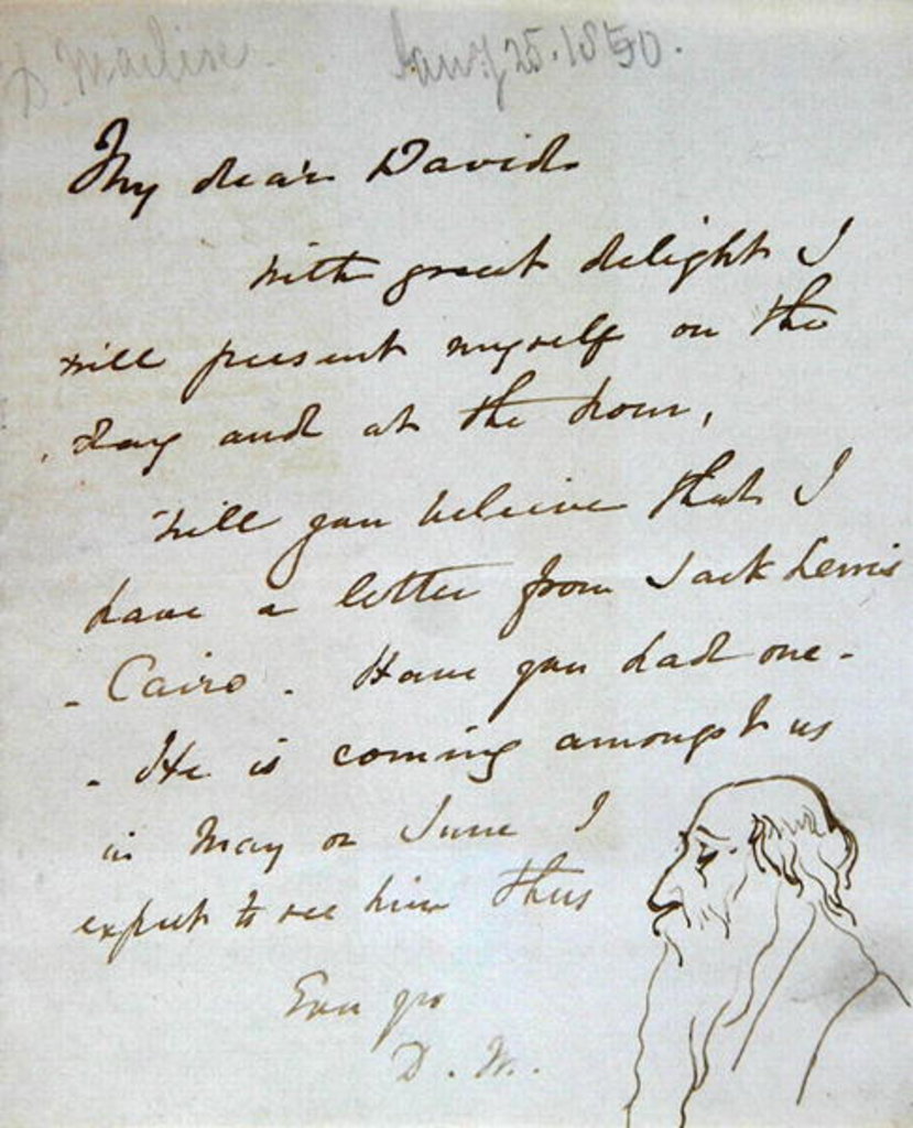 Detail of Sketch of a bearded man in profile in a letter to David Roberts by Daniel Maclise