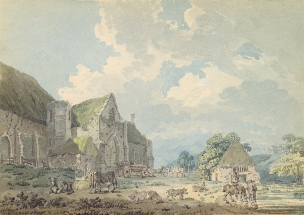 Detail of The Tithe Barn at Abbotsbury with the Abbey on the hill..., c.1795 by Thomas Girtin