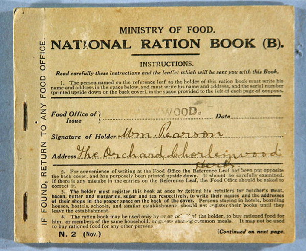 Detail of Ration Book for William Pearson, Chorleywood, Hertfordshire, 1919 by English School