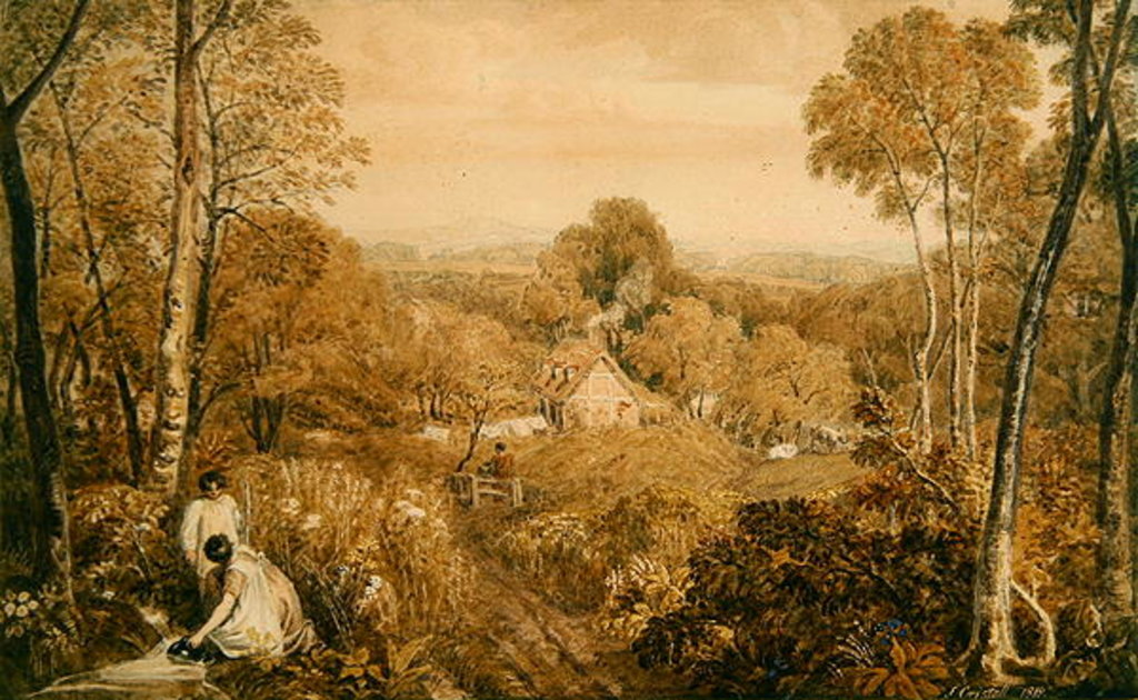 Detail of Wooded landscape with cottages and countrywomen, Hurley, Berks, 1818 by Joshua Cristall