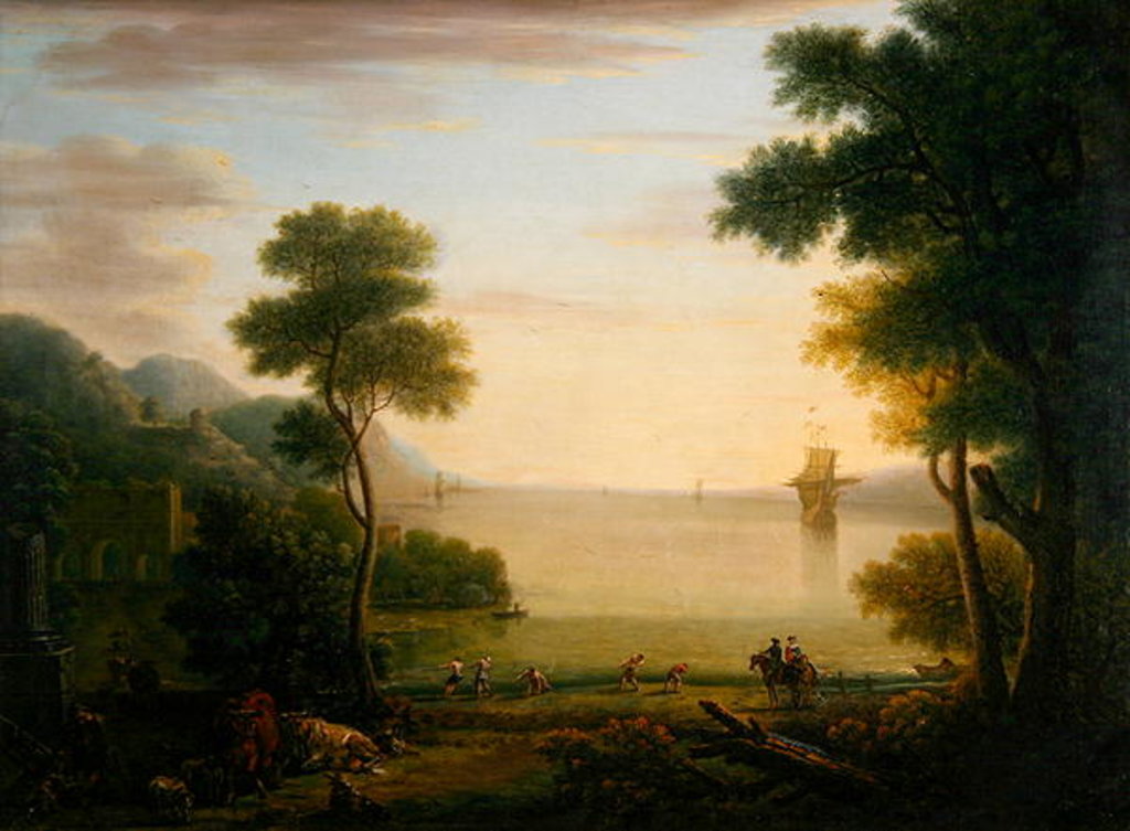 Detail of Classical landscape with figures and animals, Sunset, 1754 by John Wootton