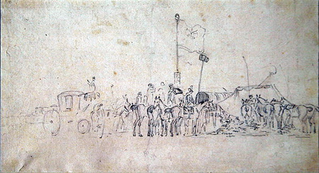 Detail of A Gathering of horsemen with coach, tents and flags by Sawrey Gilpin