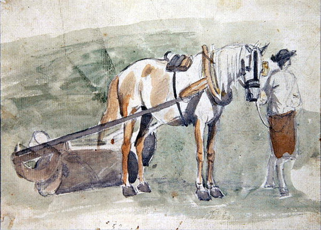 Detail of Man with a horse harnessed to a roller by Sawrey Gilpin