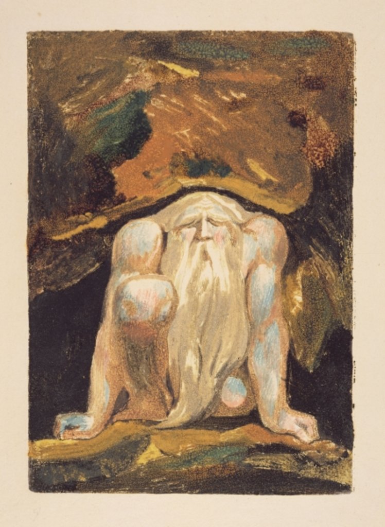 Detail of A naked man with a long beard kneeling with one knee raised and both hands on the ground by William Blake