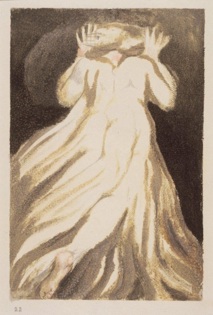 Detail of A white haired man in a long, pale robe who flees from us with his hands raised by William Blake
