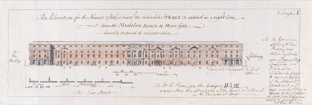 Detail of Design for 'the Houses of both sides of the intended Street to extend in a right line from the Mansion-House to More-Gate humbly proposed to consideration', 1762 by Stephen Riou