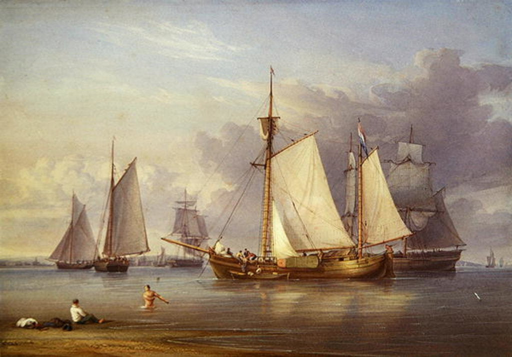 Detail of Dutch Fishing Boats at Anchor in an Estuary, c.1850-60 by William Joy