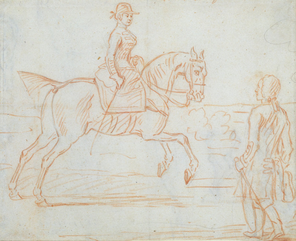 Detail of A lady riding side-saddle turns to look at a dismounted rider by James Seymour
