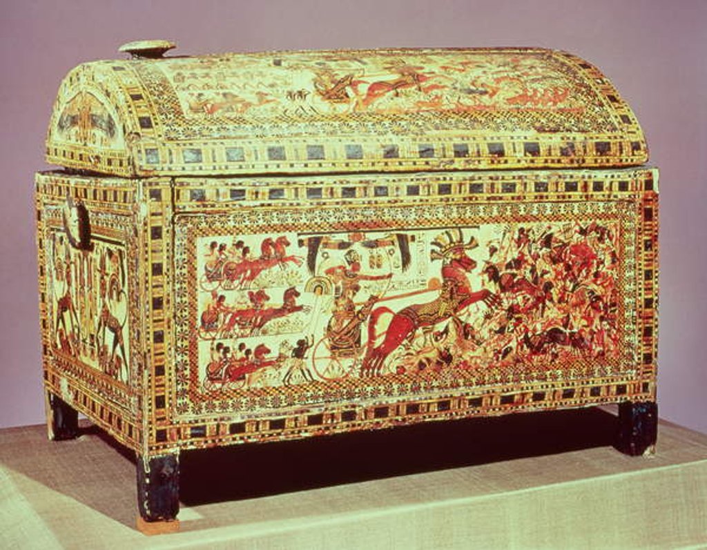 Detail of Tutankhamun on his chariot attacking Asiatics, side of a chest, New Kingdom, c.1340 BC by Egyptian Egyptian