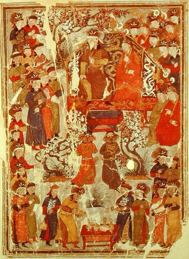 Detail of Ms. Supp. Pers. 1113 f.126v Genghis Khan and his wife Bortei enthroned before courtiers, folio from a book called Jami' al Tawarikh by Rashid ad-Din by Persian School