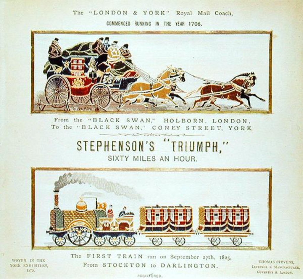 Detail of The 'London and York' Royal Mail Coach and Stephenson's 'Triumph', woven for the York Exhibition, 1879 by English School