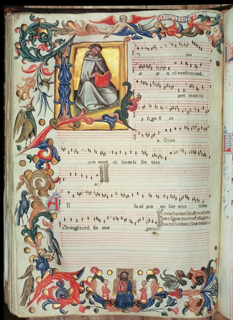 Detail of Page of musical notation with a historiated initial by Italian School