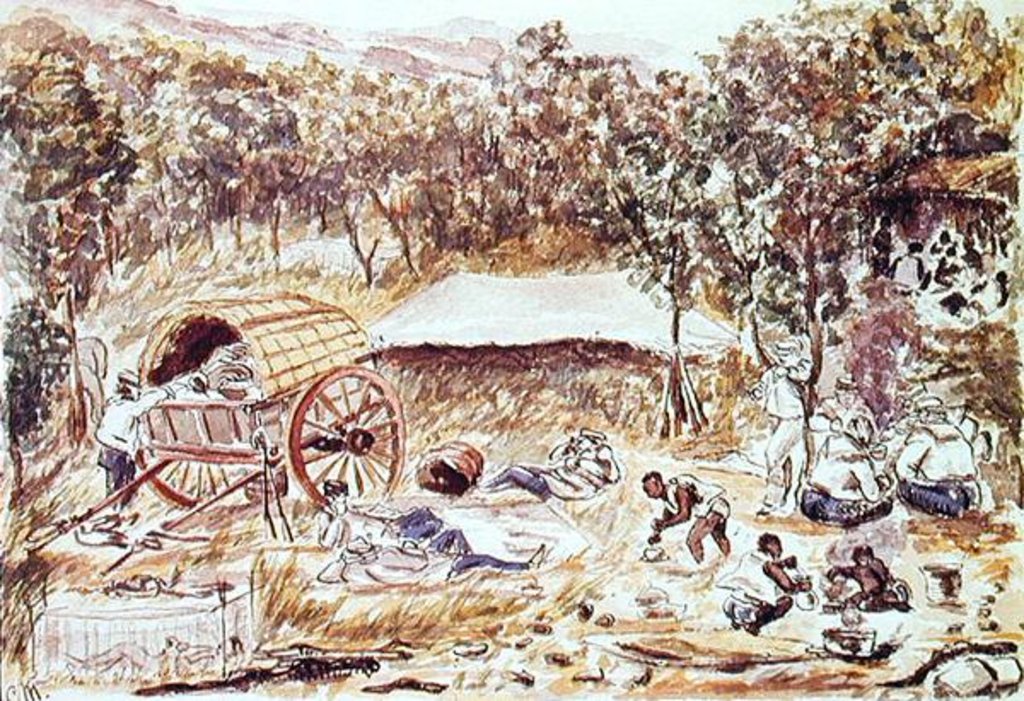 Detail of Evening Halt on the Journey to Seek a Road for the Carriage of the Lady Nyasa from the Falls to the Lake, c.1863 by English School