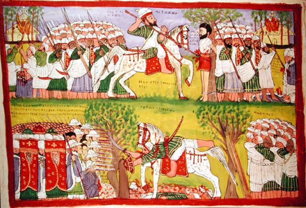 Detail of Burning of Churches by Muslims and the Death of Cristobal de Gama and the Fall and Death of Ahmed ibn Ibrahim al-Ghazi Shot by a Portuguese Musketeer, c.1900 by Kegneketa Jemlieri Hailu of Gondar