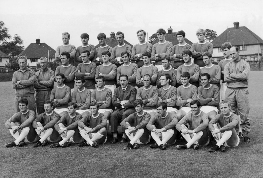 Detail of Everton squad pose fore a pre season picture by Peter Ralph