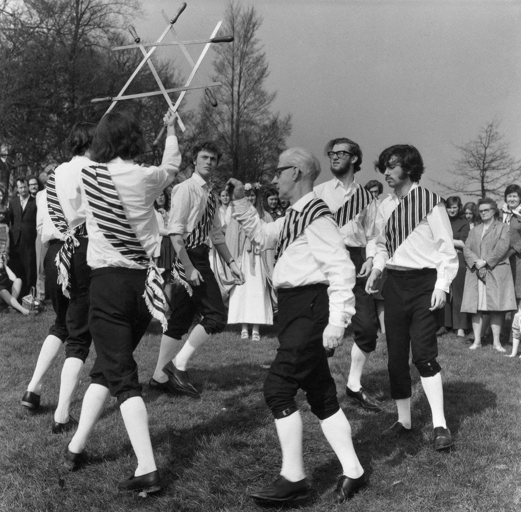 Detail of Morris dancer performing during the may day festival by Staff