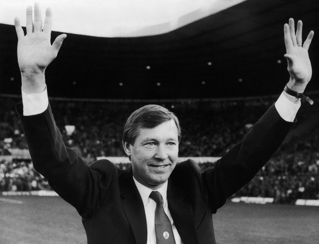 Detail of Alex Ferguson waves to the Old Trafford crowd by Phil Richards