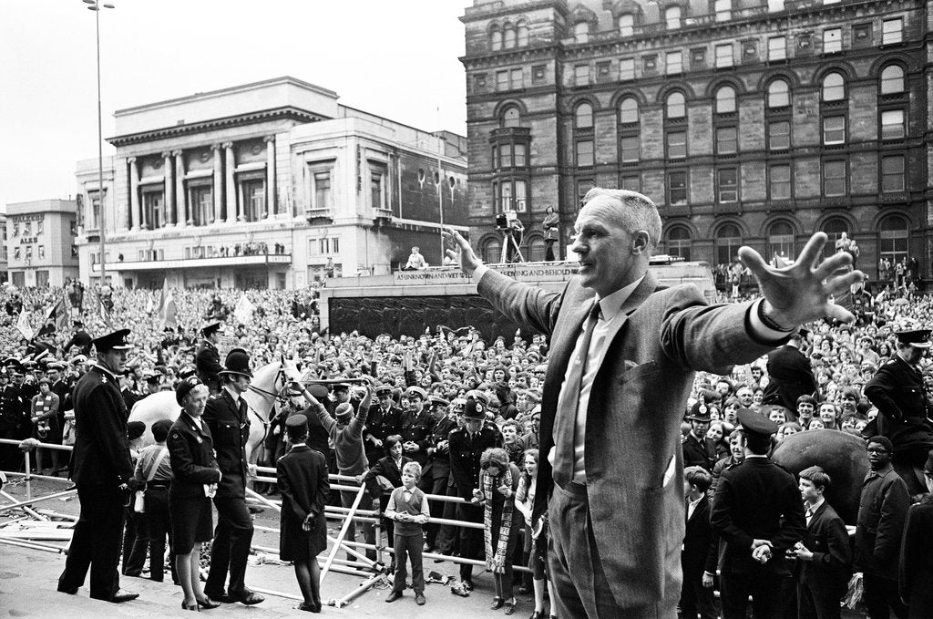 Bill Shankly Liverpool manager on Liverpool team homecoming 1971 by Daily Mirror