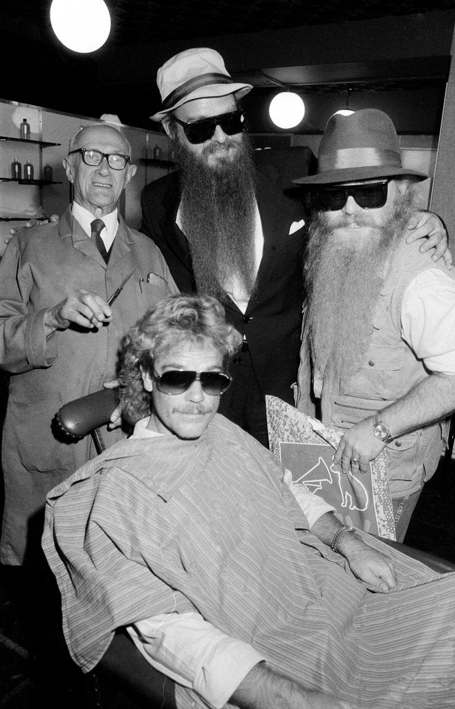 Detail of ZZ Top at barbers, Birmingham, 1985 by Burkes
